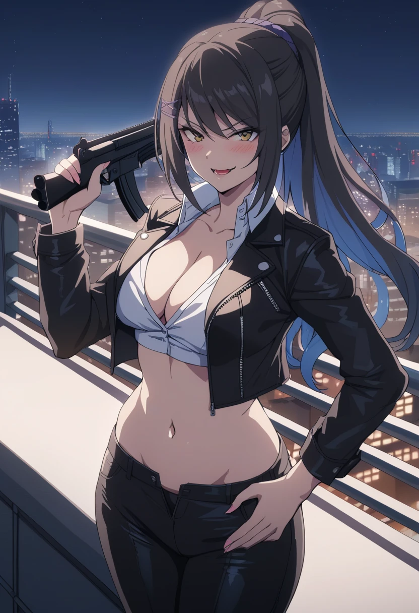 chabashira, 1girl, long hair, black hair, blush, lipstick, outdoors, rooftop, cityscape, building, railing, night, night sky, scenery,  city lights, blush, lipstick, masterpiece, best quality, highly detailed, a girls with a gun, evil smile , open mouth, sexy gaze, badass
pose , evil smile, smile, (nsfw) not safe for work, guns blazing, anime girl with long hair, beautiful long
haired girl, navel, evil expression, exposed belly, exposed navel, exposed midriff, exposed lower belly,
long black pants, crop top, cleavage, unbuttoned leather pants ,open fly, low rise black leather pants,
leather jacket, holding a gun, holding pistol, 