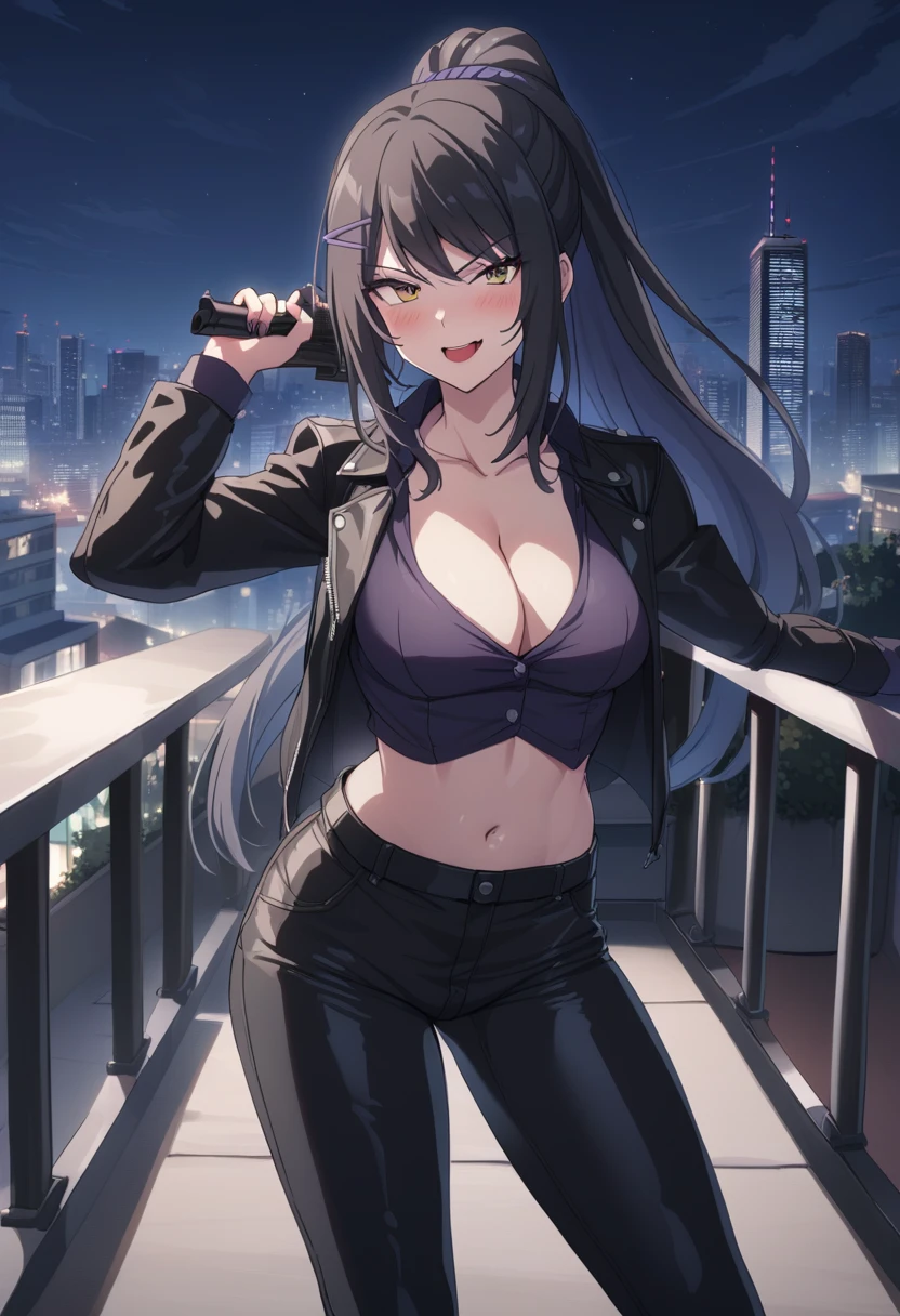 chabashira, 1girl, long hair, black hair, blush, lipstick, outdoors, rooftop, cityscape, building, railing, night, night sky, scenery,  city lights, blush, lipstick, masterpiece, best quality, highly detailed, a girls with a gun, evil smile , open mouth, sexy gaze, badass
pose , evil smile, smile, (nsfw) not safe for work, guns blazing, anime girl with long hair, beautiful long
haired girl, navel, evil expression, exposed belly, exposed navel, exposed midriff, exposed lower belly,
long black pants, crop top, cleavage, unbuttoned leather pants ,open fly, low rise black leather pants,
leather jacket, holding a gun, holding pistol, 