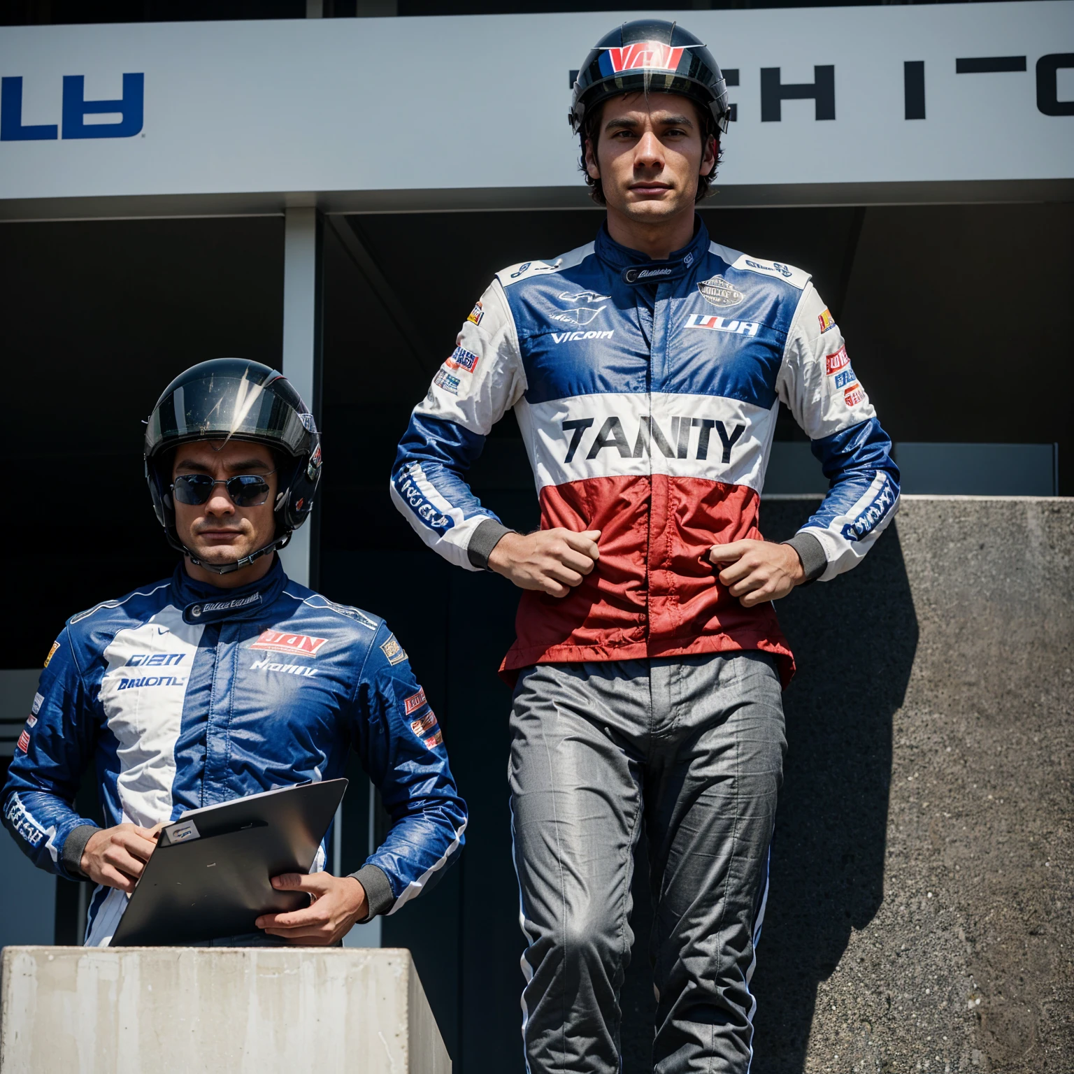 a car racer, wearing a racing suit complete with helmet, standing on the victory podium, dashing, dignified