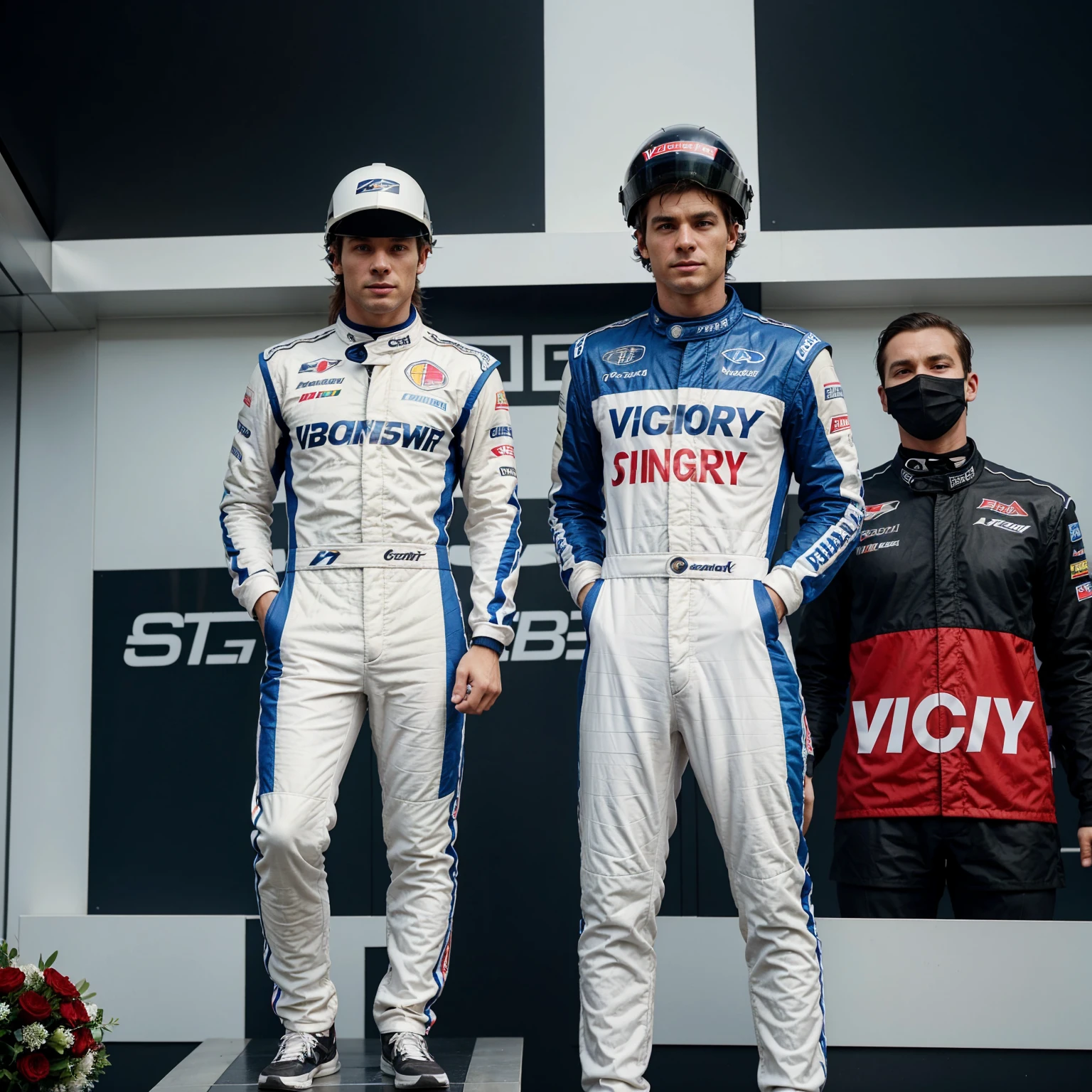 a car racer, wearing a racing suit complete with helmet, standing on the victory podium, dashing, dignified