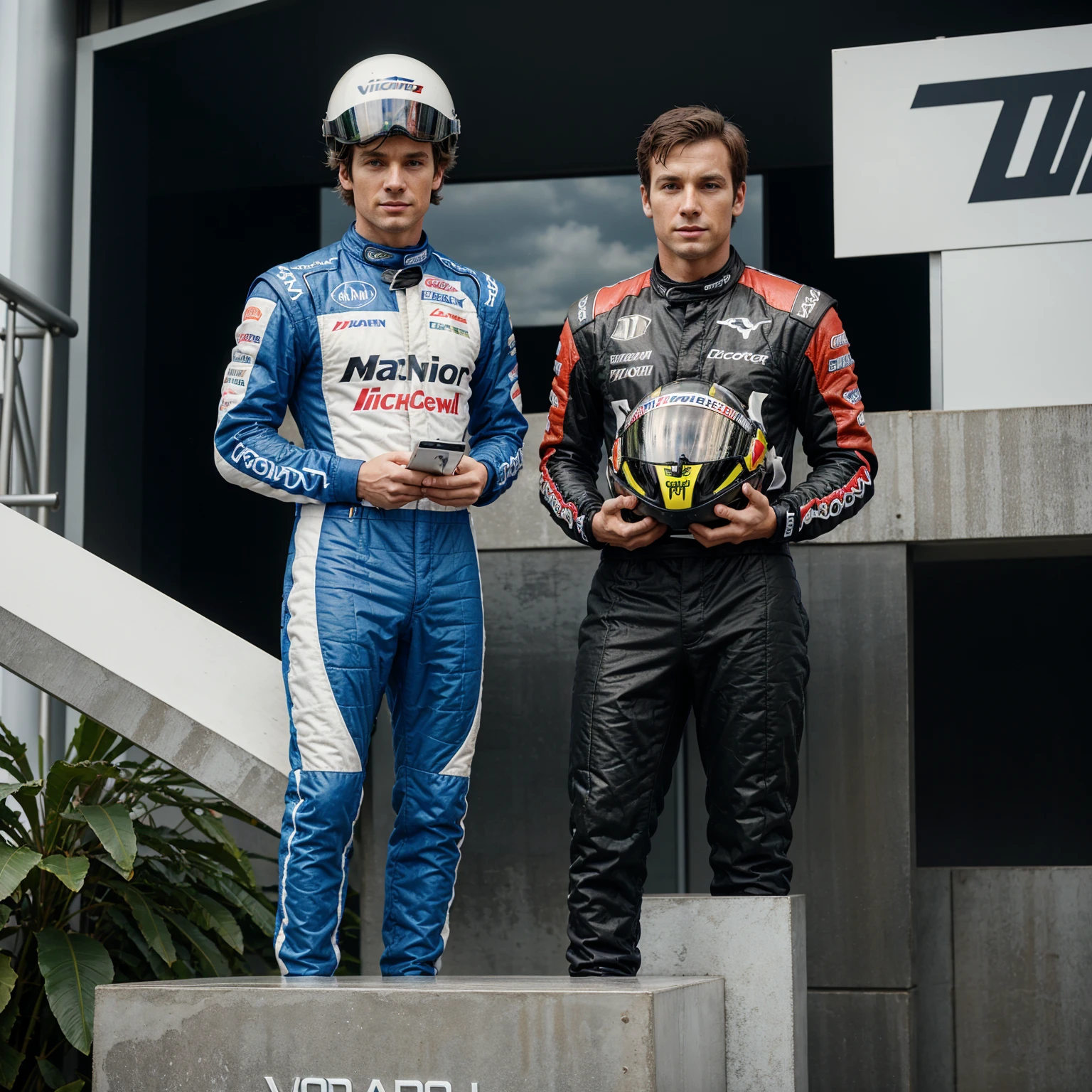 a car racer, wearing a racing suit complete with helmet, standing on the victory podium, dashing, dignified