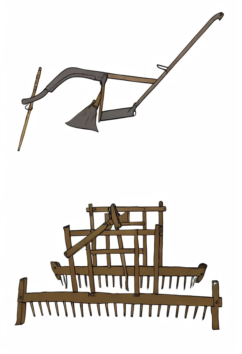 Farming tools,Agricultural era, wood ,Agricultural tools, Wooden frame,plows, timberwork,Nail rake,Simple background,Blank background,Display of two farm tools。author:Randolph Caldecott, (Watercolor, masterpiece, Line Art, Illustration Art, Professional line art, Super complex and detailed, Chinese painting,8k:1.3)