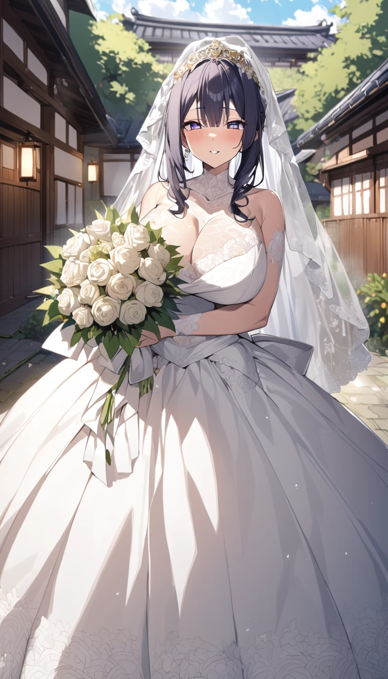 Hinata hyuga with huge breasts in wedding dress with huge lace neckline with veil and bouquet in a Japanese courtyard