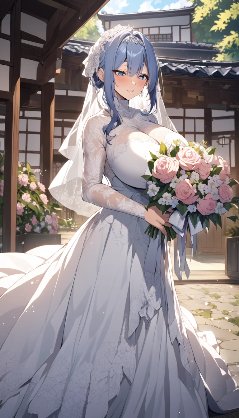 Hinata hyuga with huge breasts in wedding dress with huge lace neckline with veil and bouquet in a Japanese courtyard