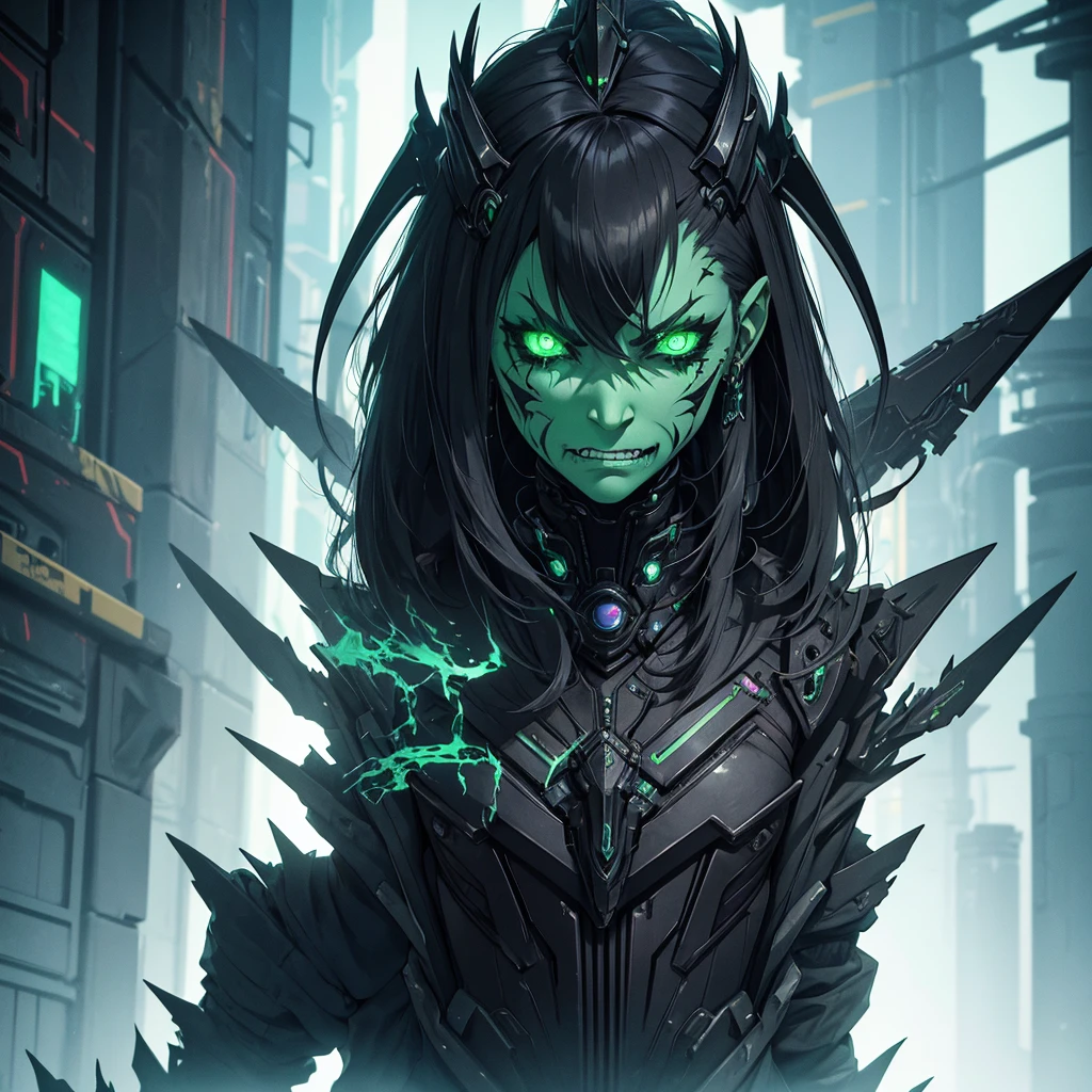 Make a witch from an alien race with necrotic green skin, ugly and with a look of will and anger. she must have black and futuristic clothes. cyberpunk style. ugly, angry, realistic and detailed face. She must be old, with expression marks