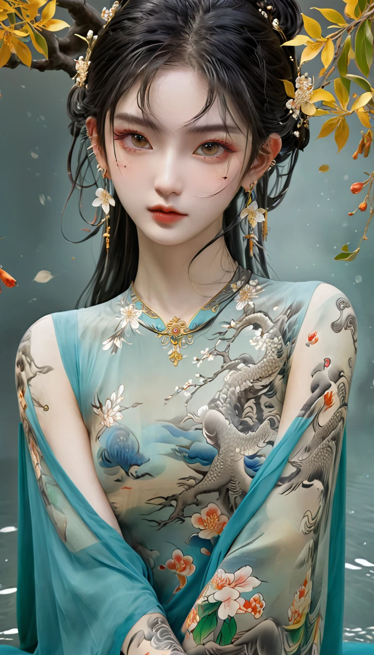 Chinese Beauty, Charming temperament, floating long dress, Clear face, beautiful eyes, Around osmanthus flowers, A masterpiece of perfect body structure proportions, Very detailed, Epic creation, Color Tattoo Art, Neo-Traditional Tattoo Art, SD tattoo design, Color Tattoo Art, mystery、enthusiasm、Friendly atmosphere, Surrealism, Ultra HD, high quality, best quality, 32K --v 6