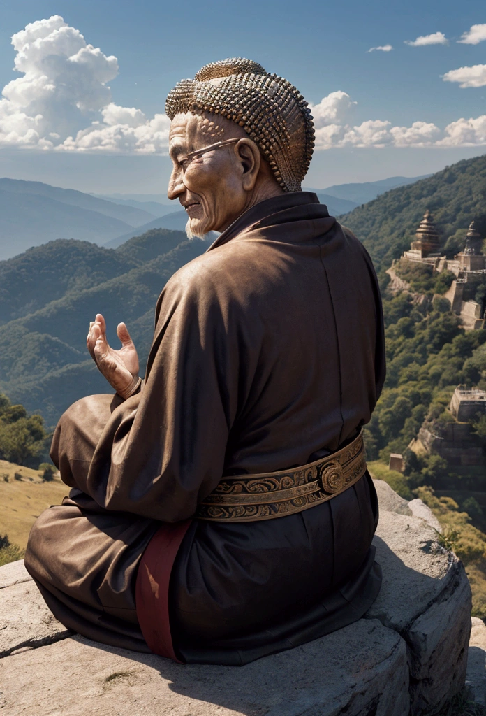 Portray Buddha&#39;s determination and unwavering efforts, showing your resilience in the face of challenges during your spiritual journey, A man of about 90 years old, Vulture Zen Master, Meditate on your back and smile, super sharp focus,Sit on top of a hill,facade, photography realistic, Medieval men&#39;s fashion, Cor tetraédrica (cicatriz:1,4)