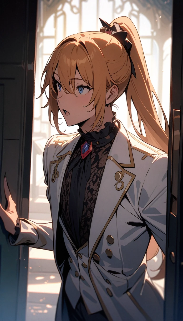 (((masterpiece))) , (((best quality))) , anime style, 2d, soft focus of a Glamorous Sensual all-american (appealing 1boy, solo:1.2) , Singing, Charming mouth, he is dressed in European costume tailored by Yves Saint-Laurent, he has Ginger hair styled as High ponytail, Sunny, Cyberpop, vanishing point, Highres, pure, cinematic, ambient light, vibrant, dynamic composition
