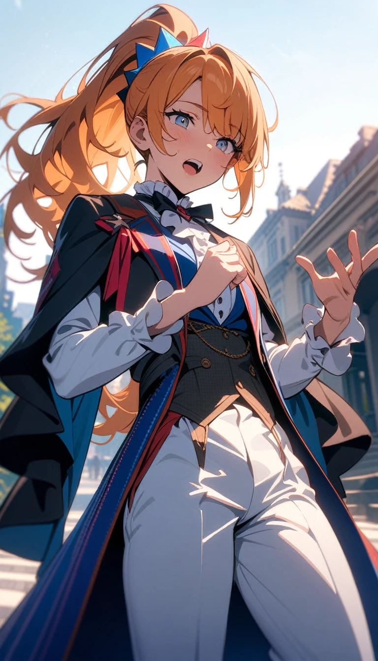 Masterpiece、Highest quality、highest quality、(Open Mouth Smile)、Shiny hair quality、Small face、Dynamic pose、Super detailed, beautiful, wide eyes、Ultra-detailed, clear and beautiful faces、(cute illustration:1.2), High-resolution, ultra-detailed, best quality, embarrassed、Thighs, Awards, Anatomically correct