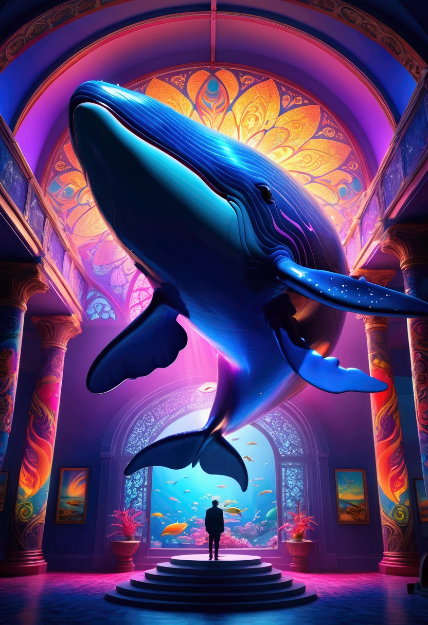 (Flying Whale), nestled in a colorful hidden nook between the sheer, multi-colored, colorful the misty wind creating an ethereal background, full body, award-winning, cinematic still, emotional, vignette, dynamic, vivid, (masterpiece, best quality, Professional, perfect composition, very aesthetic, absurdres, ultra-detailed, intricate details:1.3)