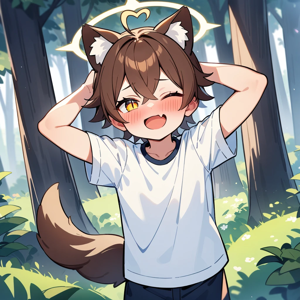 (masterpiece:1.2,high quality),4K,High resolution,A seven-year-old boy,cute boy, brown hair,short hair,crossed bangs,yellow eyes,slit pupils,one eye closed,heart ahoge,yellow halo,cat ears,full-face blush,laughing,skin fang,Wearing a white shirt,dark blue shorts,Stand in the forest,There are flowering trees on both sides.,primary school student,thigh,alone,dog tail,Put your hands behind your head,(Put your hands behind your head)