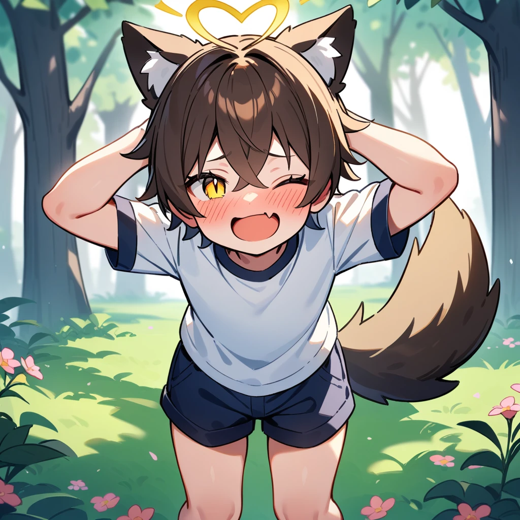 (masterpiece:1.2,high quality),4K,High resolution,A seven-year-old boy,cute boy, brown hair,short hair,crossed bangs,yellow eyes,slit pupils,one eye closed,heart ahoge,yellow halo,cat ears,full-face blush,laughing,skin fang,Wearing a white shirt,dark blue shorts,Stand in the forest,There are flowering trees on both sides.,primary school student,thigh,alone,dog tail,Put your hands behind your head,(Put your hands behind your head)