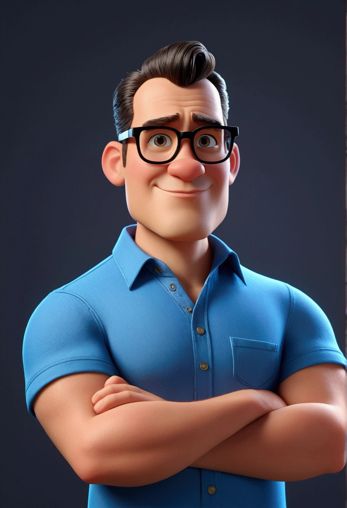 Cartoon character of a man in black glasses and blue shirt, an animated character, stylized character, animation style rendering, 3d stylized, Arnold Maya rendering, Stylized 3D rendering, toon render screenshot, 3d character, 3d character, Stylized 3D rendering, 3D character rendering, cartoon character, Personagem de close up, character posing, (Pixar-style) (master part:1.2) (bokeh) (best qualityer) (skin detailed) (detailed texture) (8k) (Argilla) (cinematic lighting) (sharp focus，Sit down and lift your upper body