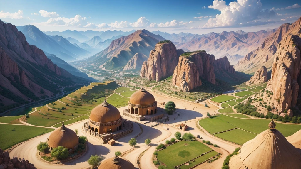 Beautiful scenery of ancient Iranian village, Aerial view, Photorealistic photos, High definition.