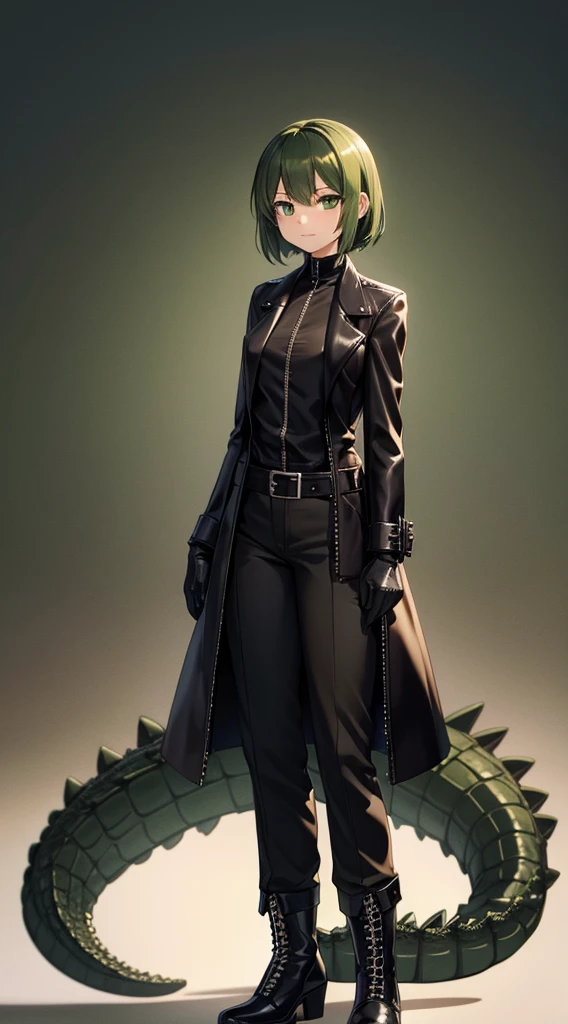 Crocodile girl，Crocodile girl，Crocodile tail，Crocodile tail，长着Crocodile tail的女孩，Dark green hair，Dark green hair，trousers，Black jeans，Standing posture，Black coat，Black coat，Black coat，Crocodile tail，Close-up above the waist，Bare limbs，Alligator leather arm，Crocodile leather boots，Crocodile leather gloves