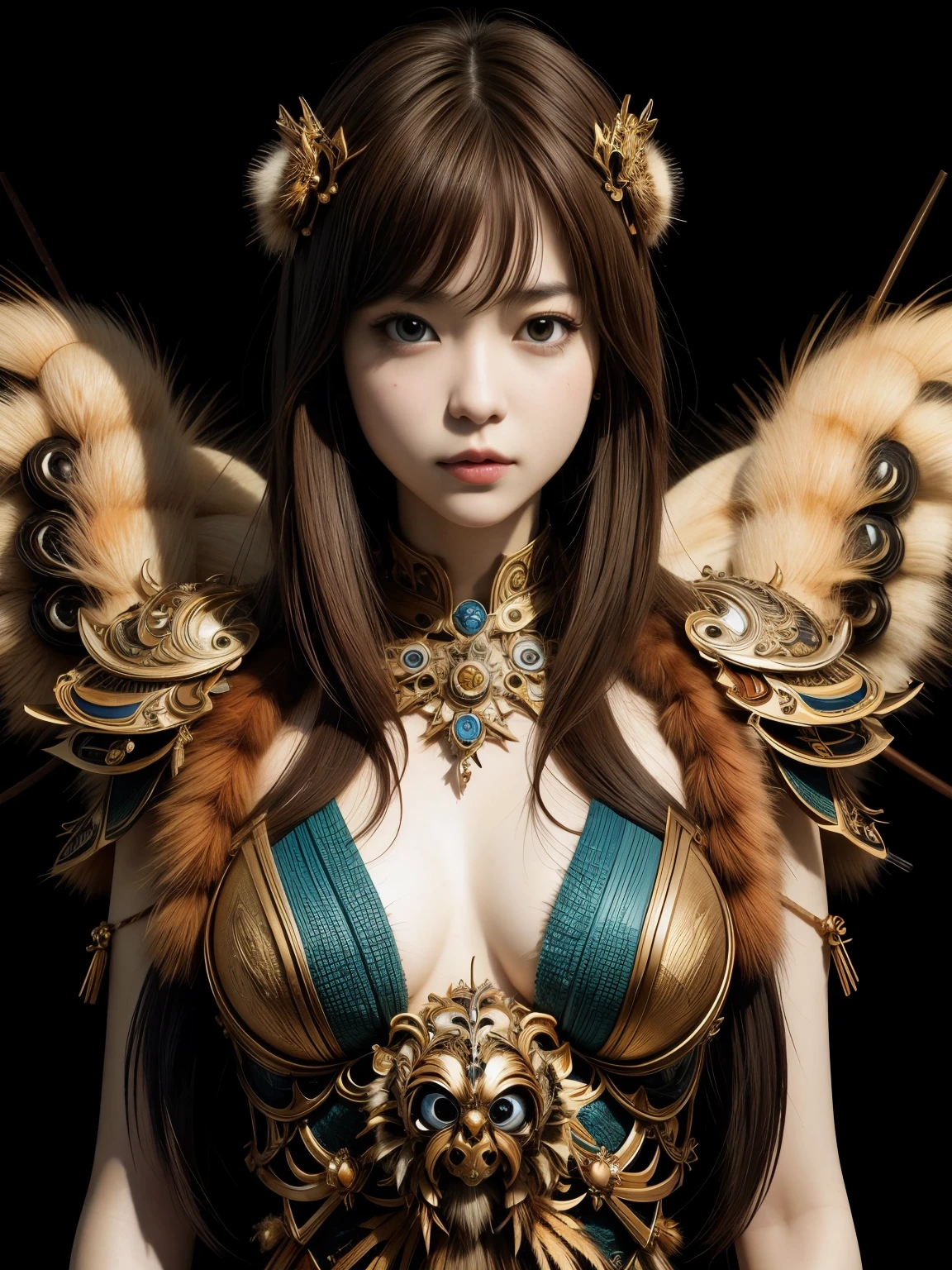 (high quality), (masterpiece), (detailed), 8K, Hyper-realistic illustration portrays (Japanese girl1.3) with delicate features, adorned in elaborate (tarantula attire1.2) that appears to crawl across her skin. (Soft focus1.2) and (exquisite textures1.3) create a sense of realism, highlighting the artist's mastery. In style of Hajime Sorayama, trending on DeviantArt.