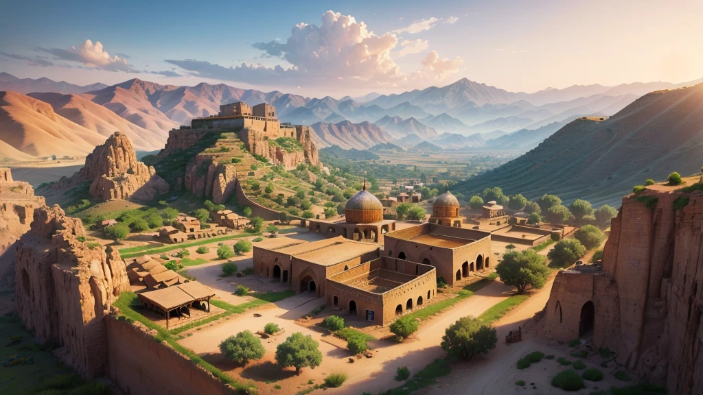 Beautiful scenery of ancient Iranian village, Aerial view, Photorealistic photos, High definition.