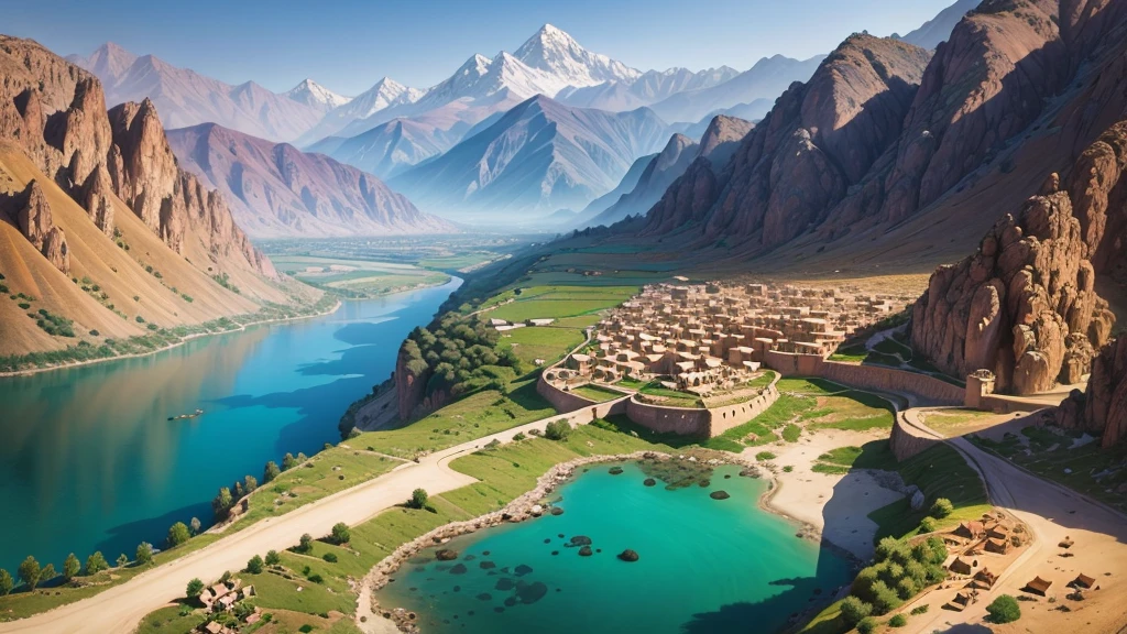 Beautiful scenery of ancient Iranian village, Aerial view, Photorealistic photos, High definition. 