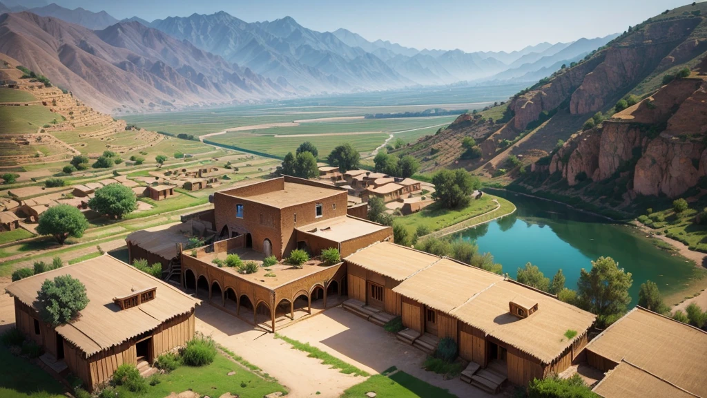 Beautiful scenery of ancient Iranian village, Aerial view, Photorealistic photos, High definition. 