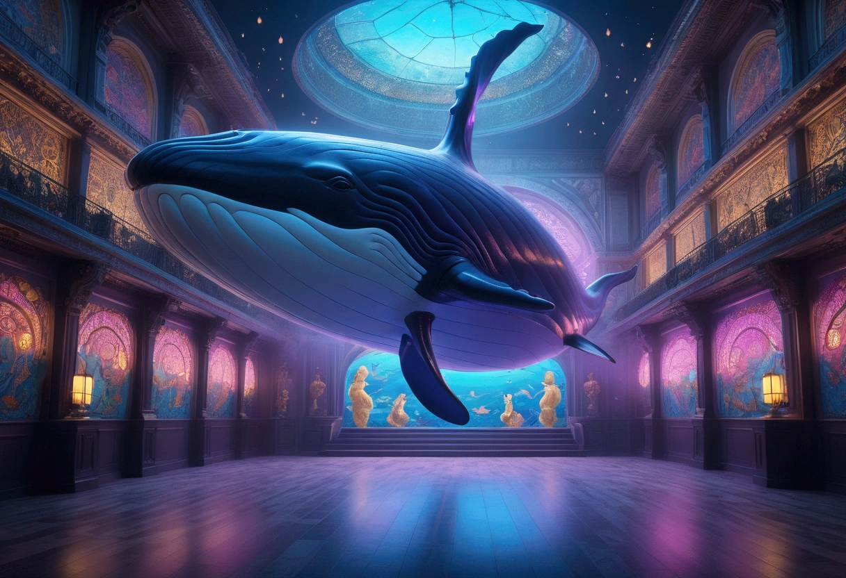 (Flying Whale), Fauvism style, neon light, vibrant colors, soft shadows, cinematic lighting, sharp focus, high resolution, high details, octane rendering, volumetric lighting, global illumination, tone mapping, ultra wide angle, full body, award-winning, cinematic still, emotional, vignette, dynamic, vivid, (masterpiece, best quality, Professional, perfect composition, very aesthetic, absurdres, ultra-detailed, intricate details:1.3)