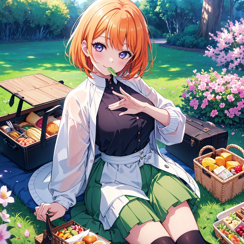 (Recall,food:1.3),(picnic:1.3),basket, Park with a view, Highest quality, grassland park, blue sky, hiking, Best image quality,Perfect Anatomy,masterpiece,Ultra-detailed,beautiful,super high quality, Highest quality,High resolution, Very detailed,Game CG,Dutch Angle ,beautiful細部までこだわった目,Visual Arts,Five Fingers, Perfect hands,Hide your hands, {{{One Girl}}}, beautiful詳細な女の子, Game CG, Spring flower, One curl on the outside, Short Bob Hair, Pastel orange hair, Purple eyes,Stylish accessories solo, breast enhancement, Medium Shoot, woman, Take-out, Laughter, huge ,,Pastel green checkered mini skirt,Black knee-highs, {{{{{Wearing a pastel green camisole}}}}},Open your mouth, wonderful, beautiful細部までこだわった目, Highest quality, Very delicate,Masseter muscle area,Highest quality,(Official Art、Highest quality、Unity 8k wallpaper、32K、masterpiece、Ultra-detailed、超High resolution、Realistic、Photorealistic:1.2)、(Cinema Lighting:1.2)、Fire Glow Effect、The most grainy shadows on the film、Side light、Side Shot、(Ultra-detailedで複雑な3Dレンダリング)、Atelier Series, Multiple Girls.