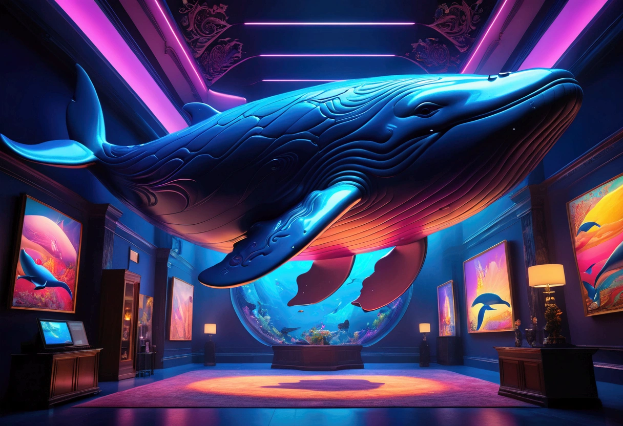 (Flying Whale), Fauvism style, neon light, vibrant colors, soft shadows, cinematic lighting, sharp focus, high resolution, high details, octane rendering, volumetric lighting, global illumination, tone mapping, ultra wide angle, full body, award-winning, cinematic still, emotional, vignette, dynamic, vivid, (masterpiece, best quality, Professional, perfect composition, very aesthetic, absurdres, ultra-detailed, intricate details:1.3)