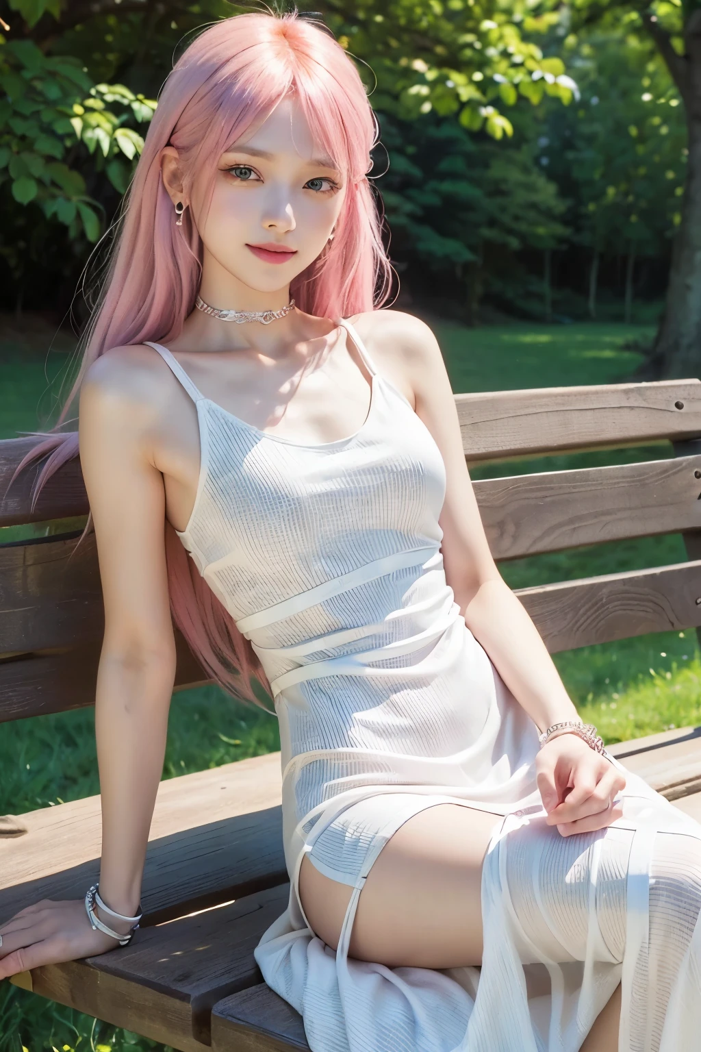 Original photo, best quality, realistic, a girl, size D mug, smile, gray-blond or ginger or pink hair, short skirt, short white skirt, bare thighs, bare knees, bare shoulders, looking at the viewer,