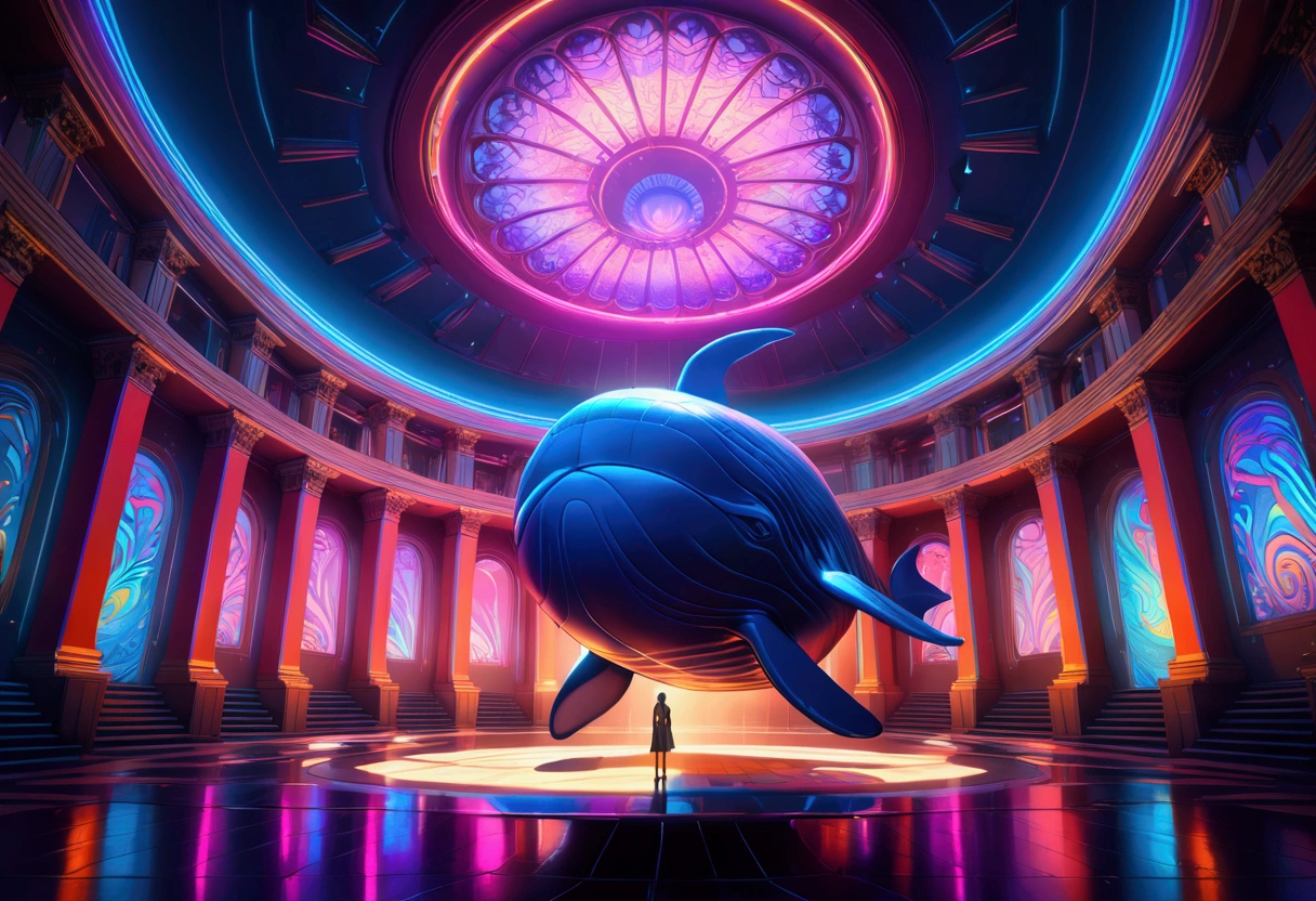 (Flying Whale), nestled in a colorful hidden nook between the sheer, multi-colored, colorful the misty wind creating an ethereal background, full body, award-winning, cinematic still, emotional, vignette, dynamic, vivid, (masterpiece, best quality, Professional, perfect composition, very aesthetic, absurdres, ultra-detailed, intricate details:1.3)