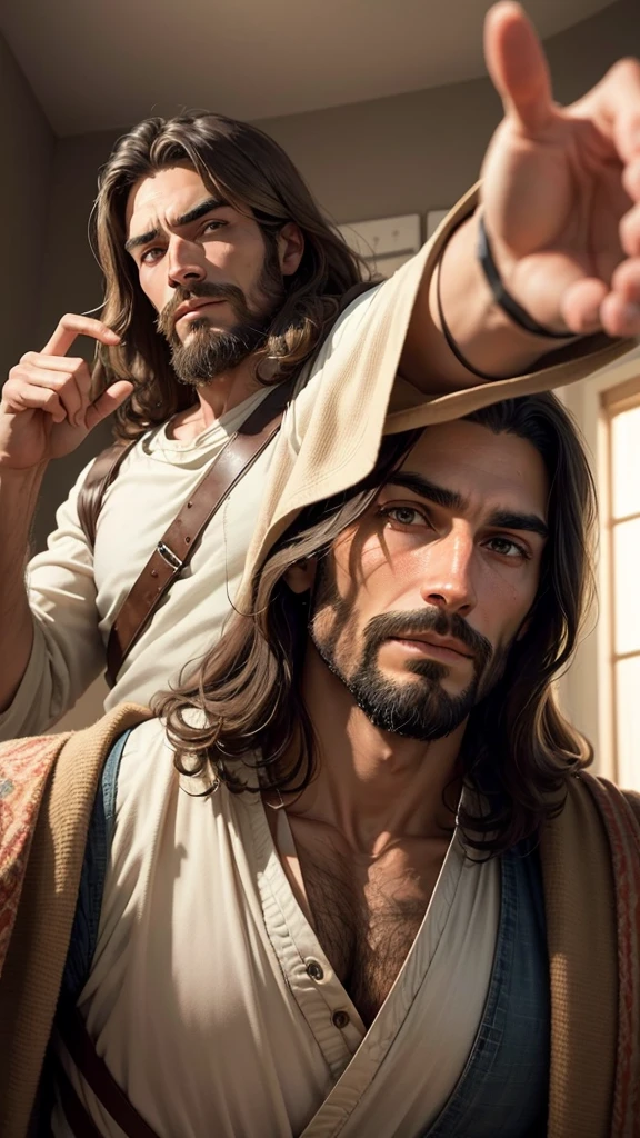 A man with an appearance of Jesus, is pointing directly at the camera, as if making an accusation or drawing the viewer's attention. he has dark hair, longos e desgrenhados, full beard and wears a light cloak with a brown tunic underneath. The background is blurred, but it appears to be an arid landscape, suggesting a desert environment. The expression on his face is serious and intense, conveying a sense of urgency or authority.