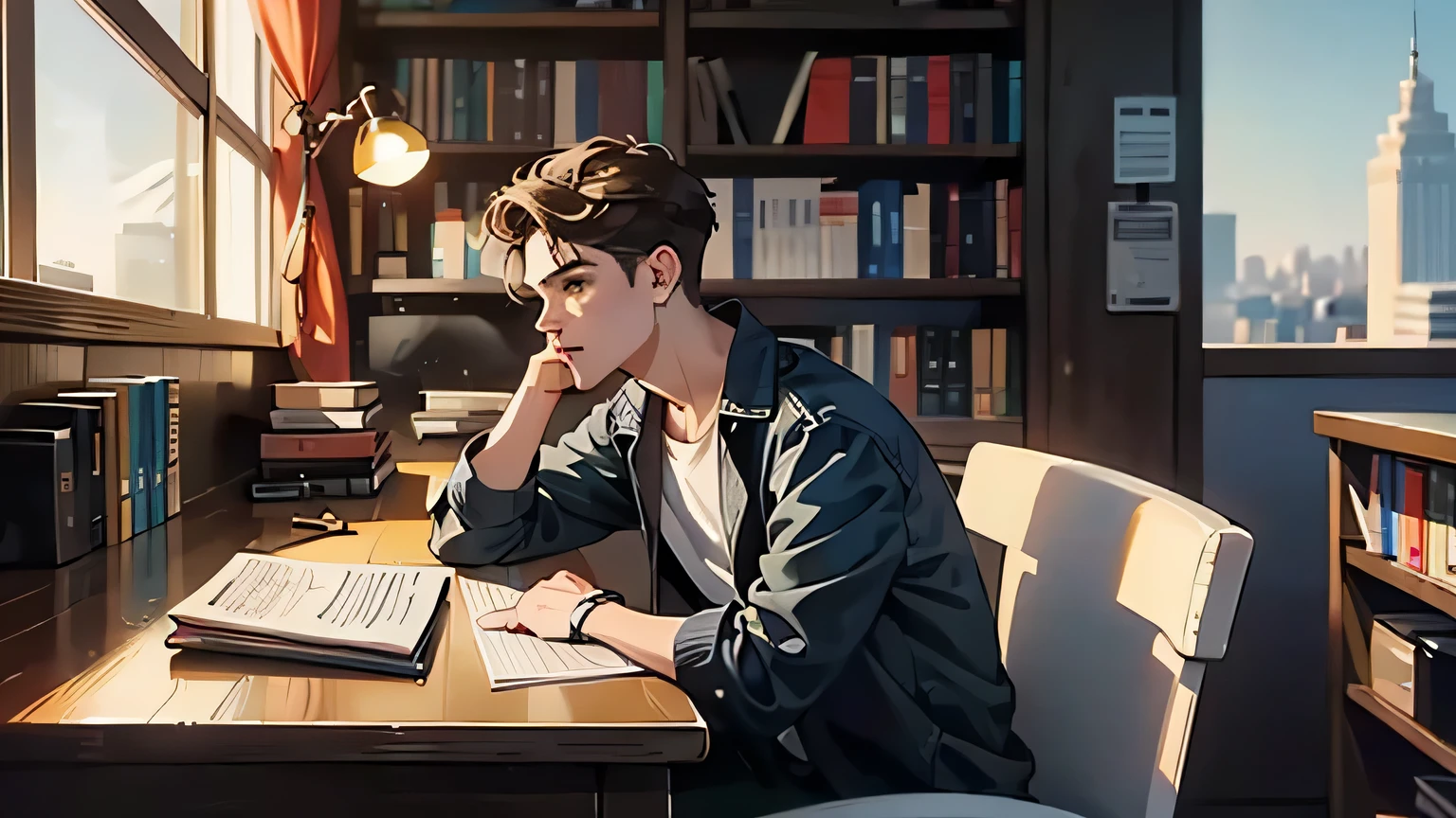 , 20 years, short hair, Brown, Green Eyes, Rebellious style, Like James Dean, Put on your headphones, Studying with a notebook, There are books and laptop next to the large window, City view, There are 2 books, a cup of coffee.