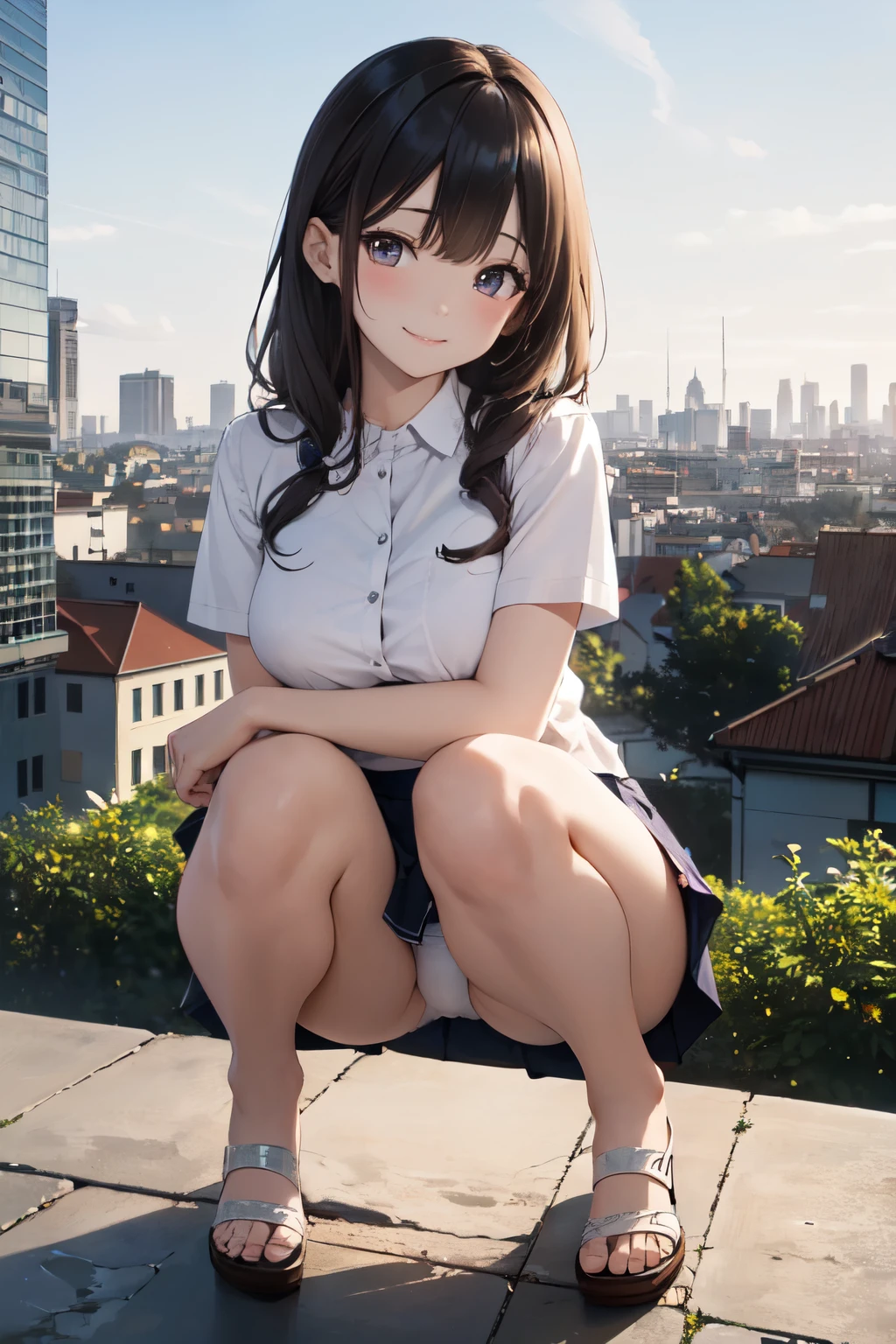 very cute and beautiful girl,(Very detailed美しい顔), (smile),blush,Black Hair,Seraphim,(White Shirt、Pleated navy blue pread your legs、Squat)、Sitting、(From below)、(Lacy white panties), Country road、Distant Tree々and the city, (Highest quality,masterpiece:1.0),Absurd,High resolution,Super detailed,Very detailed,32K,8k resolution, Intricate details,Movie Scenes,Detailed Background,alone,Dynamic Angle,