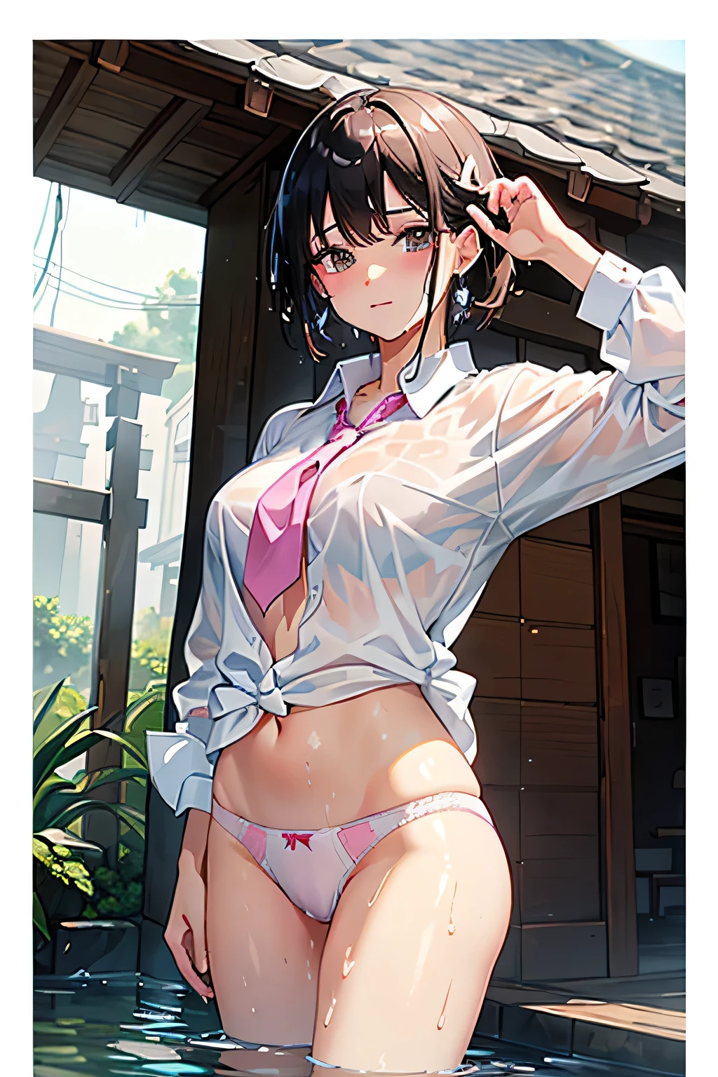 Highest quality,Very detailed depiction,20-year-old,Cowboy Shot,Are standing,Short hair wet black hair,,((Soaking wet:1.5)),(Provocative look),Pink Cheeks,((She is wearing a soaking wet white business shirt and pink panties.:1.5)),White business shirt,(Showing off her light pink panties),Anatomically correct hand. The background is the entrance to a Japanese house.,rain,afternoon.
