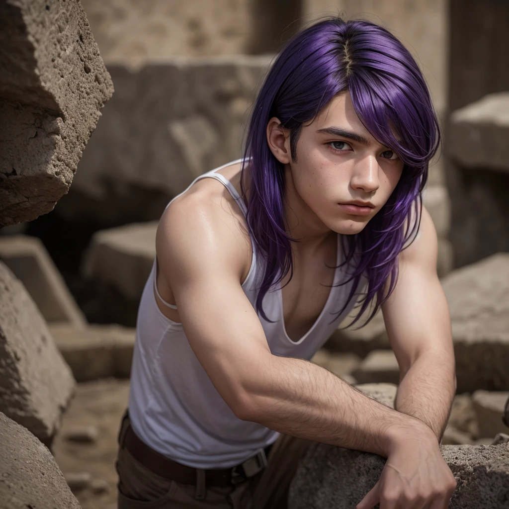 A ager with black and white hair, the ends of his hair are purple, he has an archaeological historian's outfit, he has one purple eye and one pink eye.