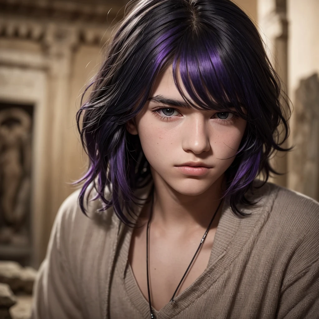 A teenager with black and white hair, the ends of his hair are purple, he has an archaeological historian's outfit, he has one purple eye and one pink eye.