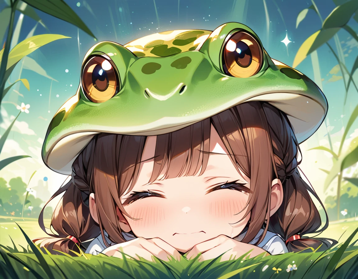 Highest quality、High resolution、Detailed Background、Beautiful face in every detail、Anatomically correct、Detailed facial expressions、fine grain、((full body, from below, side view)), ((One Girl))、Chibi Girl、Cute hair color、Braided twin tails、, (Tank top、Vneck、mini skirt、Cute Shoes)、break grassland、((Lying face down、Rest your chin on your hands and bend your knees))、Giant frog in front of face、Gazing at a frog、Touching with trepidation、I have a lot of tears in my eyes、An expression that looks like it's about to cry、Close up hands、