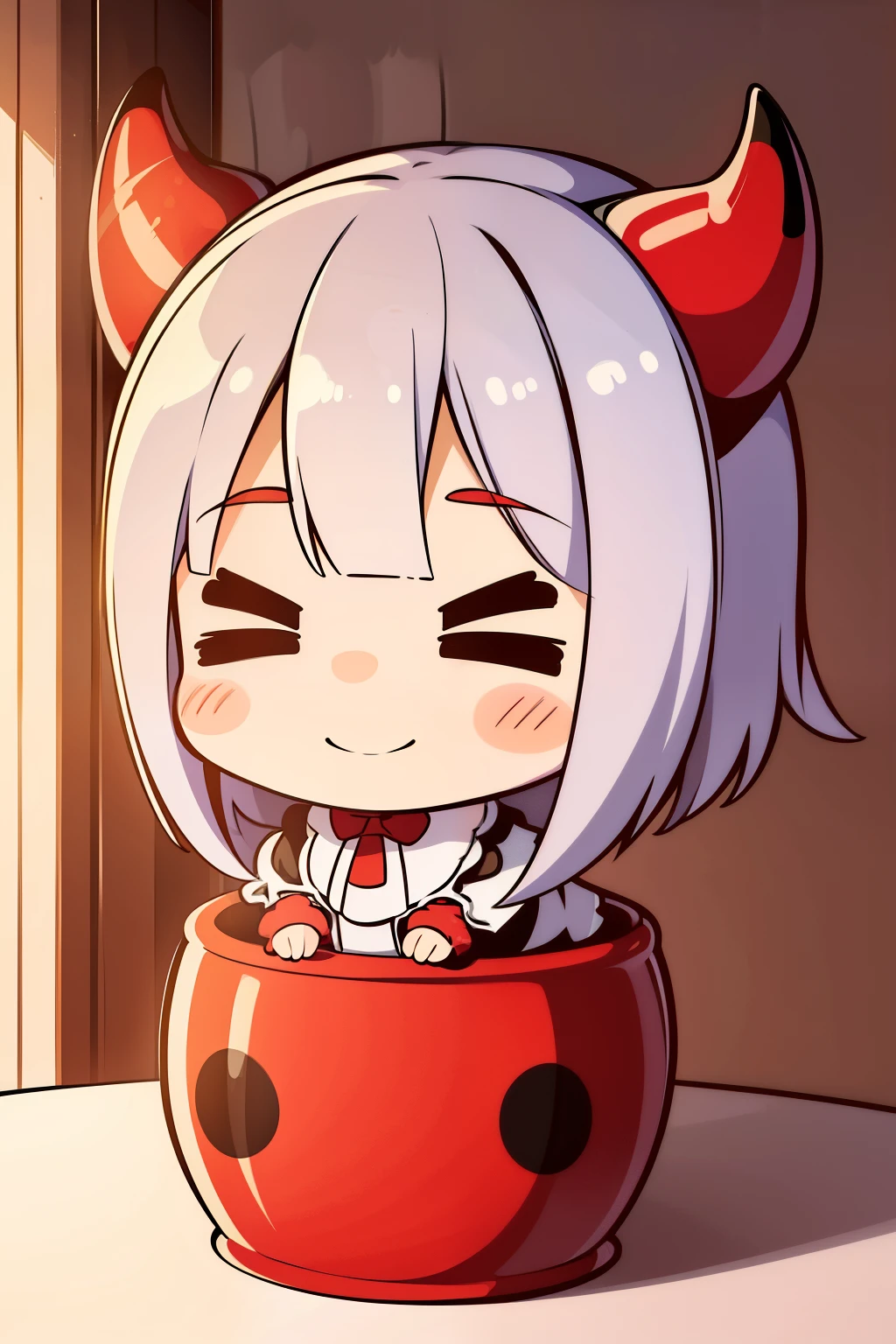 fanart of Sakuya in devil horns chibi (Aoi Kusama) - S2, (chibi Sakuya, devil horns, red outfit, white hair, smiling, playful, hands playing with horns, detailed hair colors, glossy skin, sharp focus, vibrant color:1.2, indoors, dark room, soft lighting, highres, 4K, Best Quality, Aoi Kusama signature style:1.9, Kusama's dots, chibi character, cute anime style, S2 themed background)