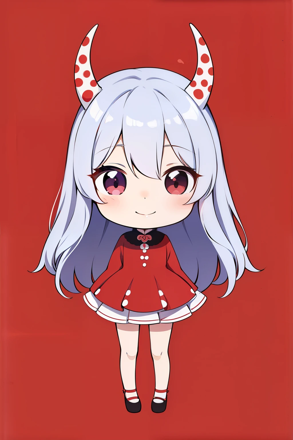 fanart of Sakuya in devil horns chibi (Aoi Kusama) - S2, (chibi Sakuya, devil horns, red outfit, white hair, smiling, playful, hands playing with horns, detailed hair colors, glossy skin, sharp focus, vibrant color:1.2, indoors, dark room, soft lighting, highres, 4K, Best Quality, Aoi Kusama signature style:1.9, Kusama's dots, chibi character, cute anime style, S2 themed background)