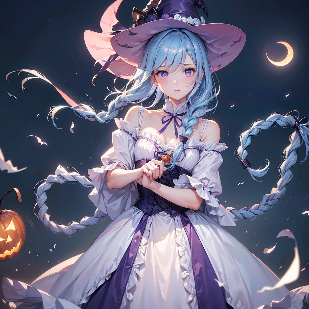 (Light blue medium hair:1.2),(Braided hair:1.2)、Pink eyes、Fair skin、cowboy shot、Halloween、The background is a pumpkin ghost、Crescent Moon、Trick or Treat、A lot of sweets、witch、Halloween night、Candy、many bat、Condescending expression、solo、(masterpiece、Highest quality、Very detailed、Best Shadow)、(Detailed Background)、(Beautifully detailed face)、High contrast、(Best lighting、Very delicate and beautiful)、(Cinematic Light)、colorful、Hyper Detail、Dramatic Light、Exquisite detail、