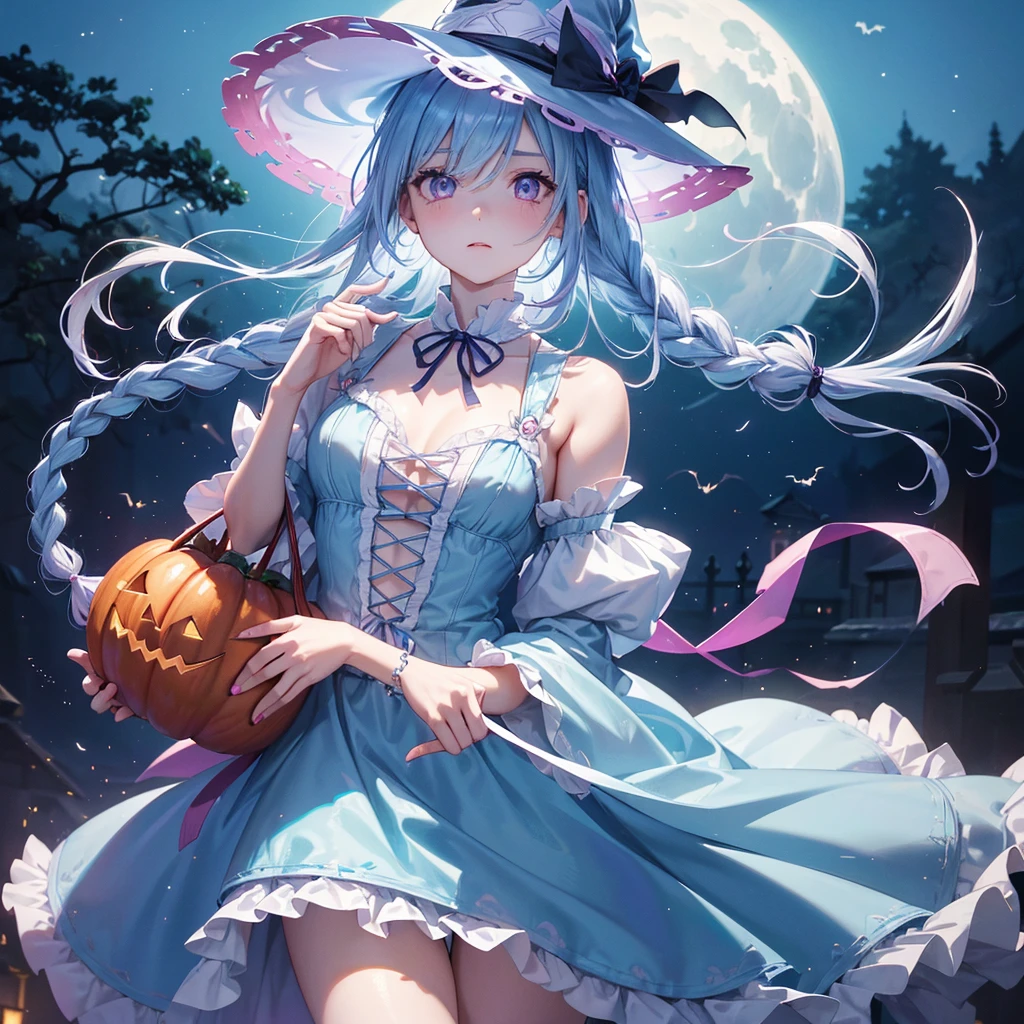 (Light blue medium hair:1.2),(Braided hair:1.2)、Pink eyes、Fair skin、cowboy shot、Halloween、The background is a pumpkin ghost、Crescent Moon、Trick or Treat、A lot of sweets、witch、Halloween night、Candy、many bat、Condescending expression、solo、(masterpiece、Highest quality、Very detailed、Best Shadow)、(Detailed Background)、(Beautifully detailed face)、High contrast、(Best lighting、Very delicate and beautiful)、(Cinematic Light)、colorful、Hyper Detail、Dramatic Light、Exquisite detail、