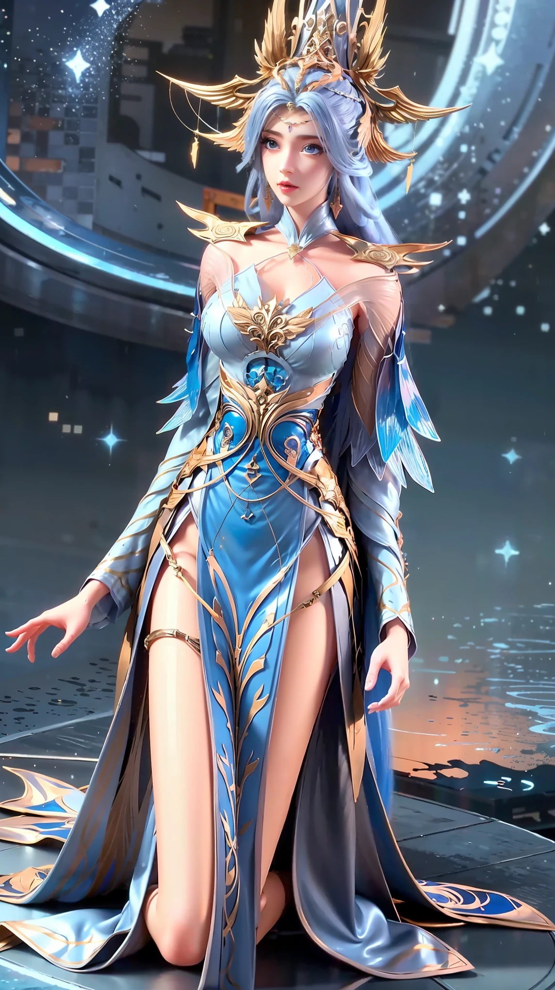 Cartoon woman kneeling on the starry sky, Water splashes at the knees,CG Social Trends, Smooth anime CG art, Starry sky background,Full body view,Royal sister kneeling posture,(((Light blue long hair))),(((Blue Eyes)))