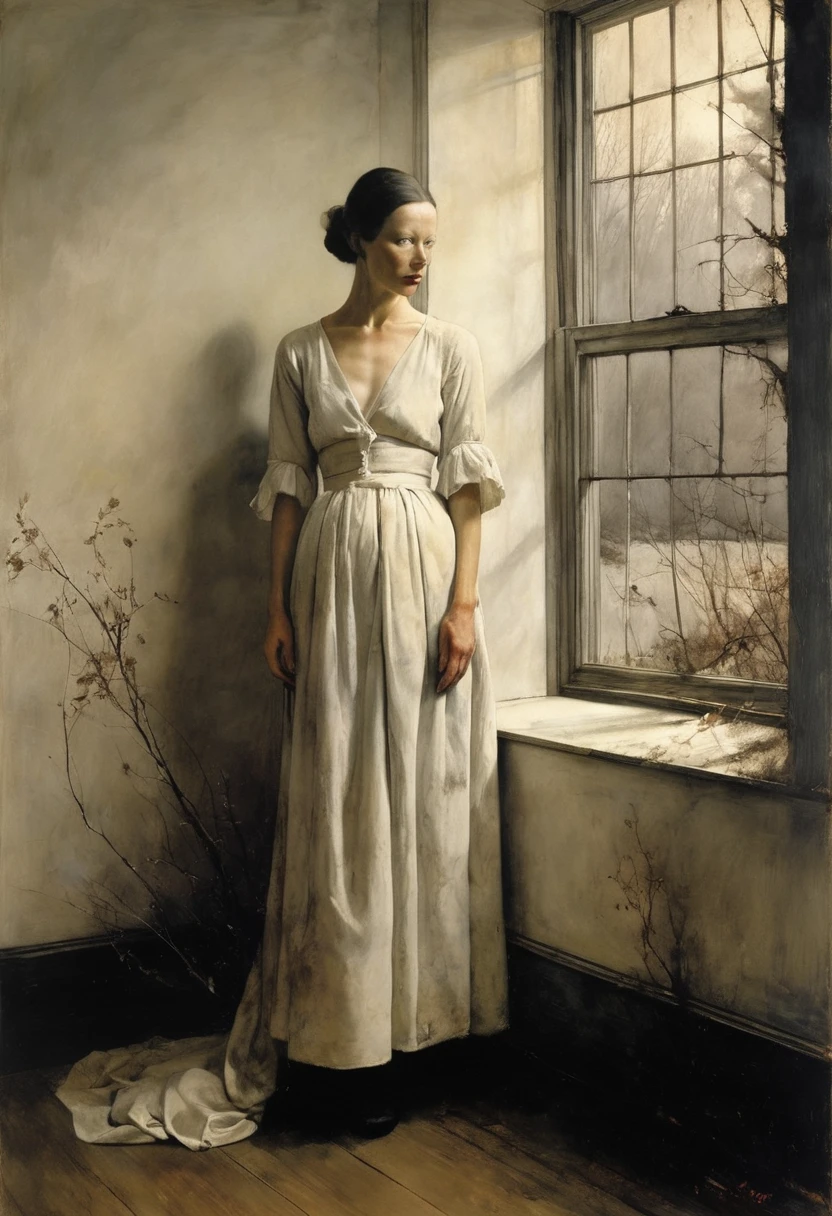 This is Andrew Wyeth - The Art of Andrew Wyeth - with the disturbing and grotesque world of Stephen Gummel, a muted floral palette and a dry brush technique that creates a sense of calm. (Scary stories. (Kayako) - the vengeful ghost of a murdered woman (dark monochrome background)
masterpiece, fabulous background) (minimalism: 1). perfect body anatomy.