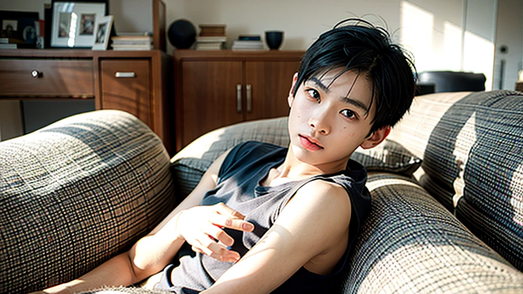 An Asian boy,in living room,Have fun