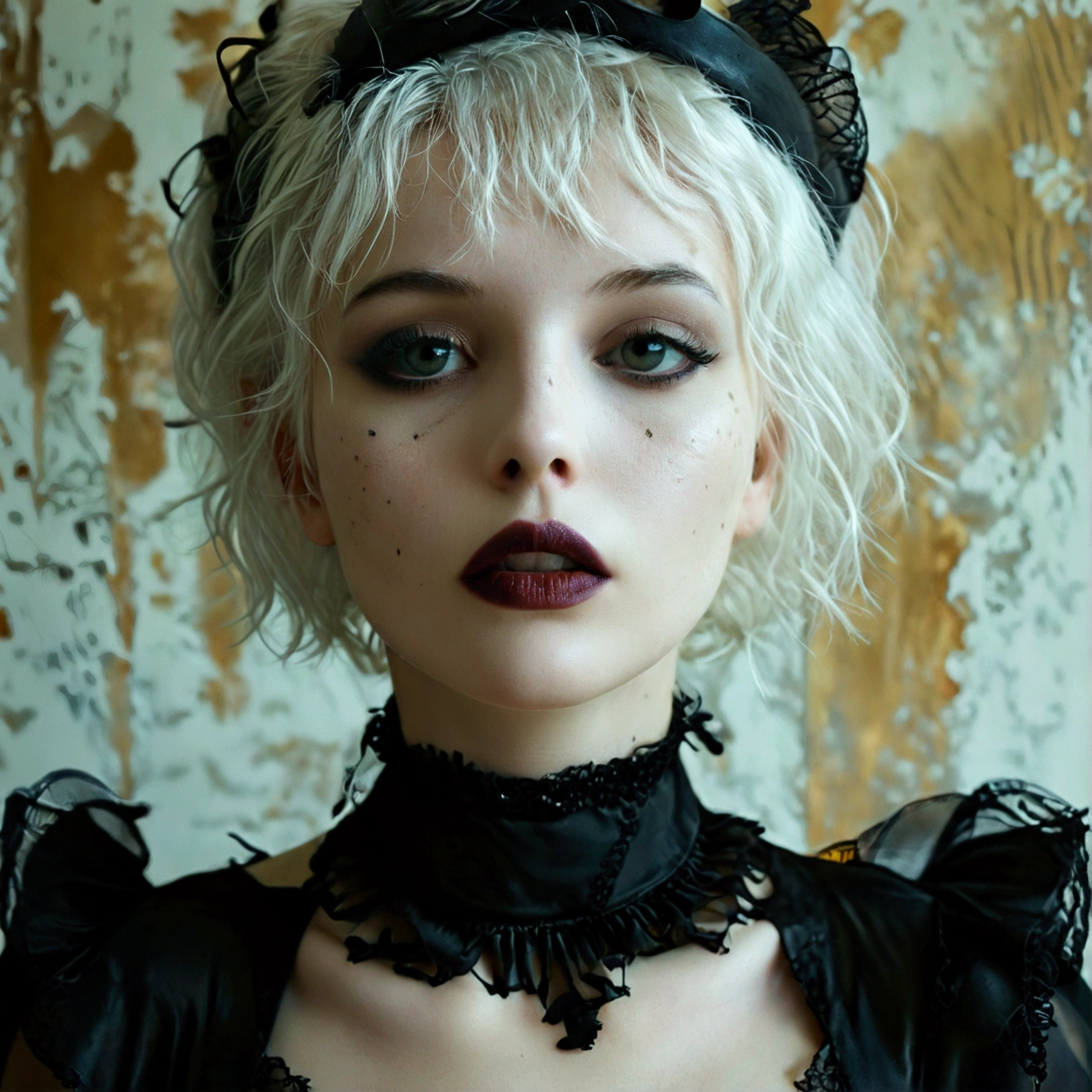 ((Master piece, very realistic, best quality, highly detailed, Frontal view, DELICATE, PORTRAIT, WOMAN 36yo, AESTHETIC)) shallow depth of field, realism, photography, good proportions, narrow depth of field, tilt shift look, bokeh, anamorphic look, cinematic, dark and moody, ((a pale white complexion MODE with short WHITE color hair and bangs and smokey eye makeup, BLACK lips)), wearing black fashion designed by Rick Owens, a dark photograph by Tim Walker and Tom Hoops and Matt Mahurin, a dark liminal space, a desolate seedy hotel room with peeling wallpaper and black painted walls, symbolism, primordial fluids, uneasy feeling, dark occult imagery, melancholic ((very aesthetic)), her massive breasts (1.4) and deep cleavage (1.2)