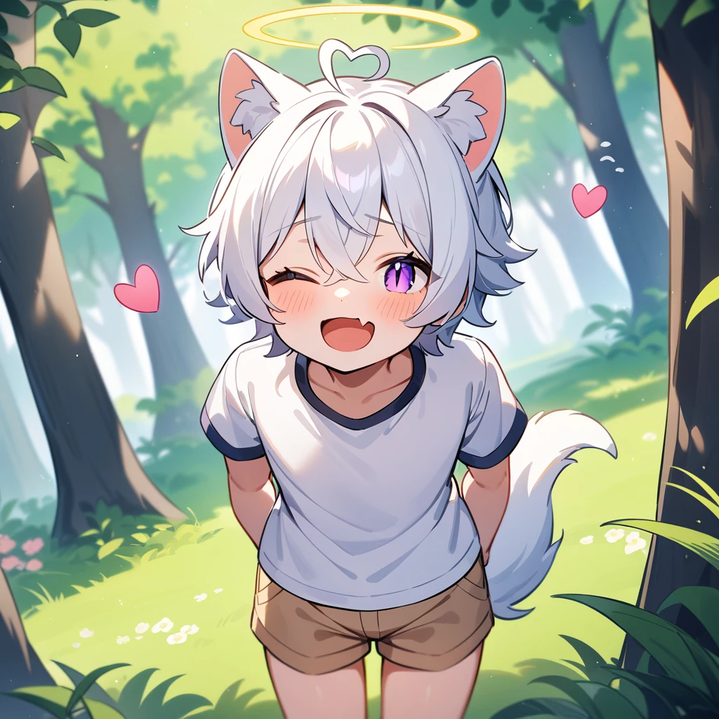 （masterpiece：1.2，high quality），4K，High resolution，A seven-year-old boy，cute boy， white hair，short hair，crossed bangs，purple eyes，slit pupils，one eye closed，heart ahoge，yellow halo，cat ears，laughing，skin fang，Wearing a white shirt，light brown shorts，Stand in the forest，There are flowering trees on both sides.，primary school student，thigh，alone，dog tail，((Hands behind your back))