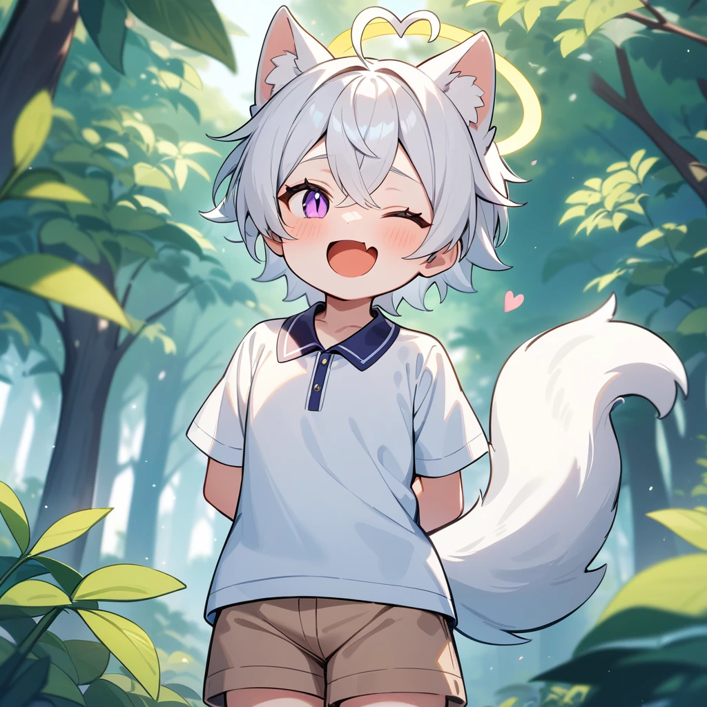 （masterpiece：1.2，high quality），4K，High resolution，A seven-year-old boy，cute boy， white hair，short hair，crossed bangs，purple eyes，slit pupils，one eye closed，heart ahoge，yellow halo，cat ears，laughing，skin fang，Wearing a white shirt，light brown shorts，Stand in the forest，There are flowering trees on both sides.，primary school student，thigh，alone，dog tail，((Hands behind your back))