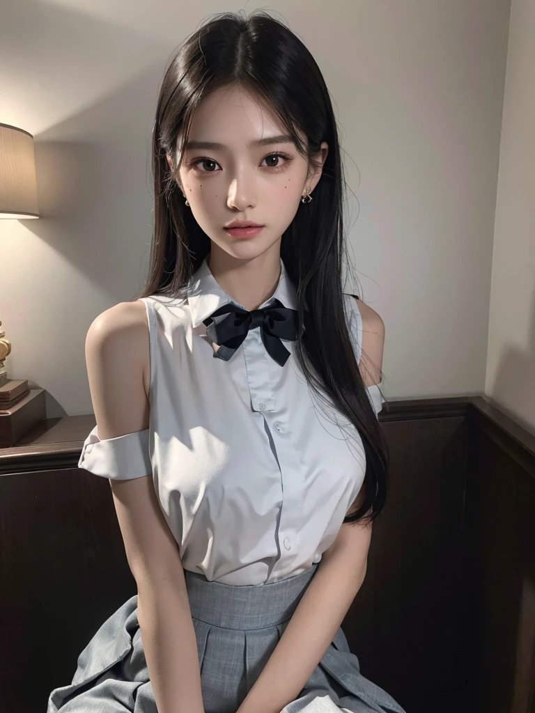 absurdres, RAW photo, extremely delicate and beautiful, masterpiece, Best Quality, ultra high resolution, 32k, hyperrealistic, ultra-detailed, perfect anatomy, super Detailed skin, Super Beauty, perfect figure, Perfect Style, Perfect balance, in her 20s, very small head, very small face, delicate facial features, tearful mole, earring, (very huge breasts), bare legs, full body shot, medium hair, black hair, (school uniform),