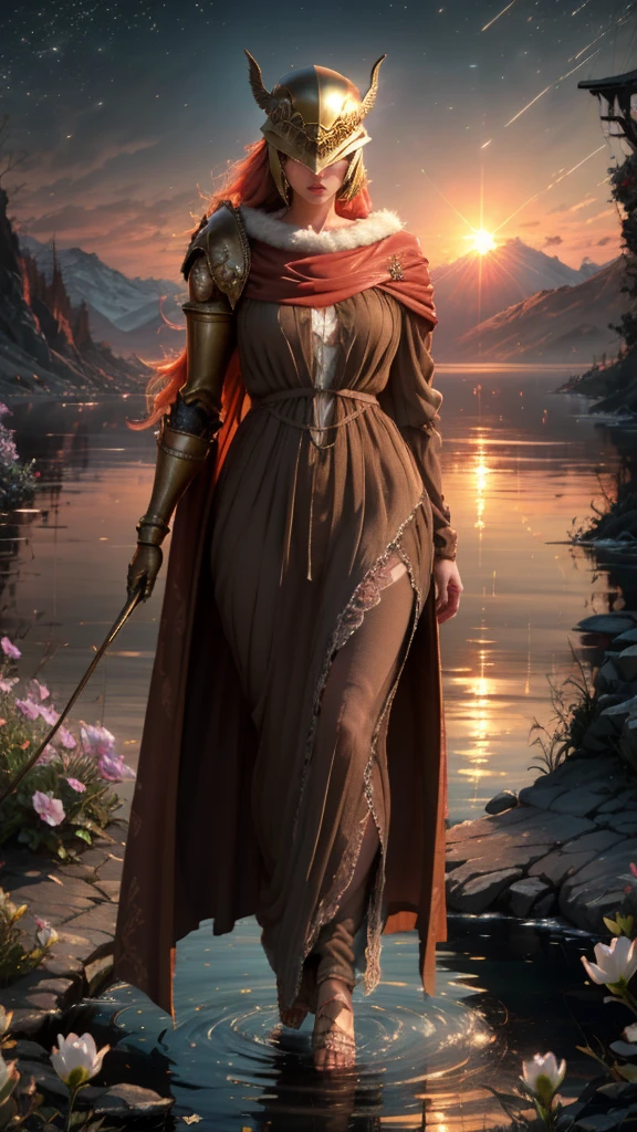 High Quality, Masterpiece, beautiful, Malenia, prothestic leg, single mechanical arm, prosthesis, armor, cape, helmet, brown silk dress, full body, wide shot, flower, water, solo, sunset, stylebuff, night, (dark environment), brown thorn-woven dress, valley of withered flowers, ancient sculptures around it, figure hugging