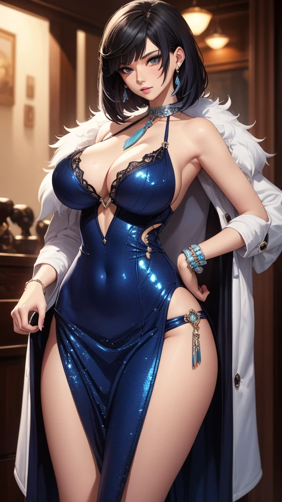 Best quality, masterpiece, realistic, Beautiful sexy cool tall, slim, fit woman, wearing sexy short fancy silver-blue sequin  dress, intricate and highly detailed, big breasts, deep cleavage, bob black hair, body chain, jewelry.