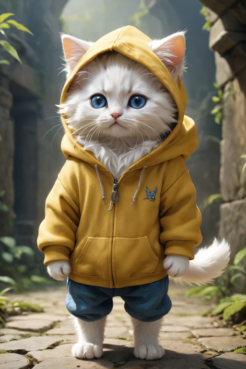 small, かわいいto be bornき物, Wearing a yellow hoodie, whole body, , Are standing, Costume, Fantasy art, Exquisite detail, Jean-Baptiste Monge Style, Alan Lee Style, Anthropomorphic blue-eyed white furry kitten, Movie Scenes, Dramatic shot angles, , Realistic, to be born々Stunning cinematic photorealism, Action Portrait, 8k, detailed, Full Frame, The background is fairy kingdom,