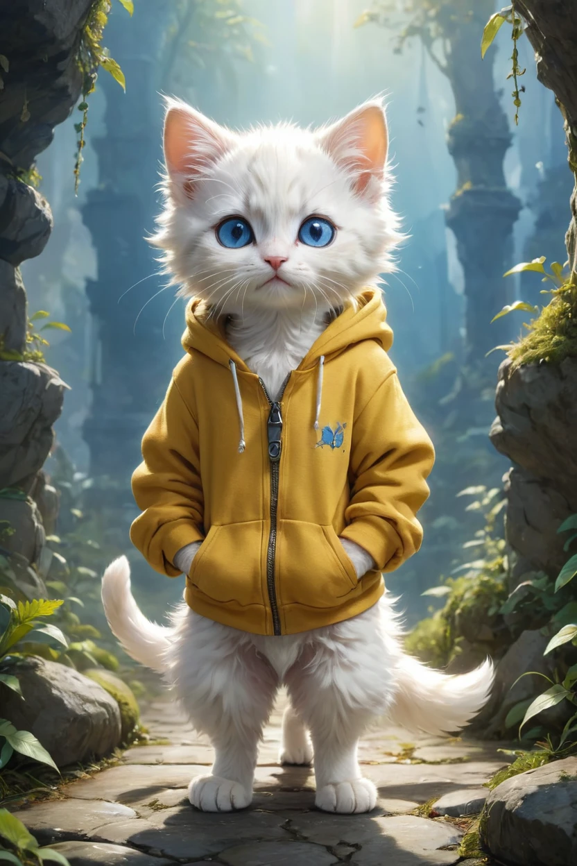 small, かわいいto be bornき物, Wearing a yellow hoodie, whole body, , Are standing, Costume, Fantasy art, Exquisite detail, Jean-Baptiste Monge Style, Alan Lee Style, Anthropomorphic blue-eyed white furry kitten, Movie Scenes, Dramatic shot angles, , Realistic, to be born々Stunning cinematic photorealism, Action Portrait, 8k, detailed, Full Frame, The background is fairy kingdom,